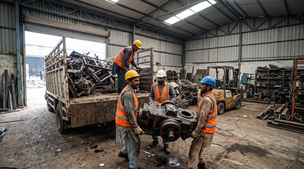 Crew loading an old machine onto a truck at a factory