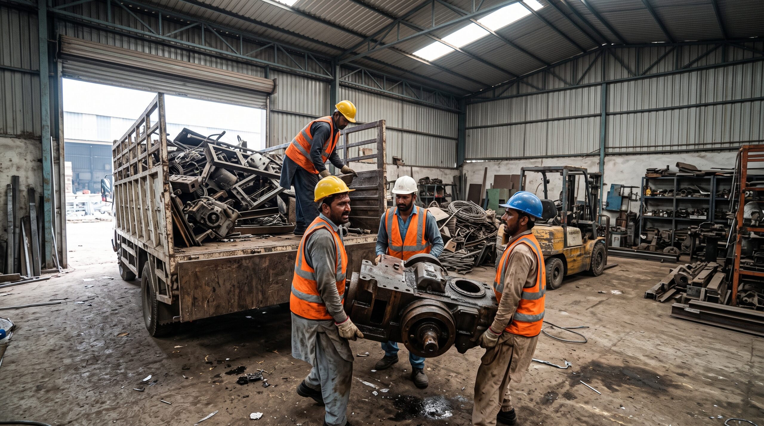 Workers clearing heavy machinery and steel scrap from a factory floor