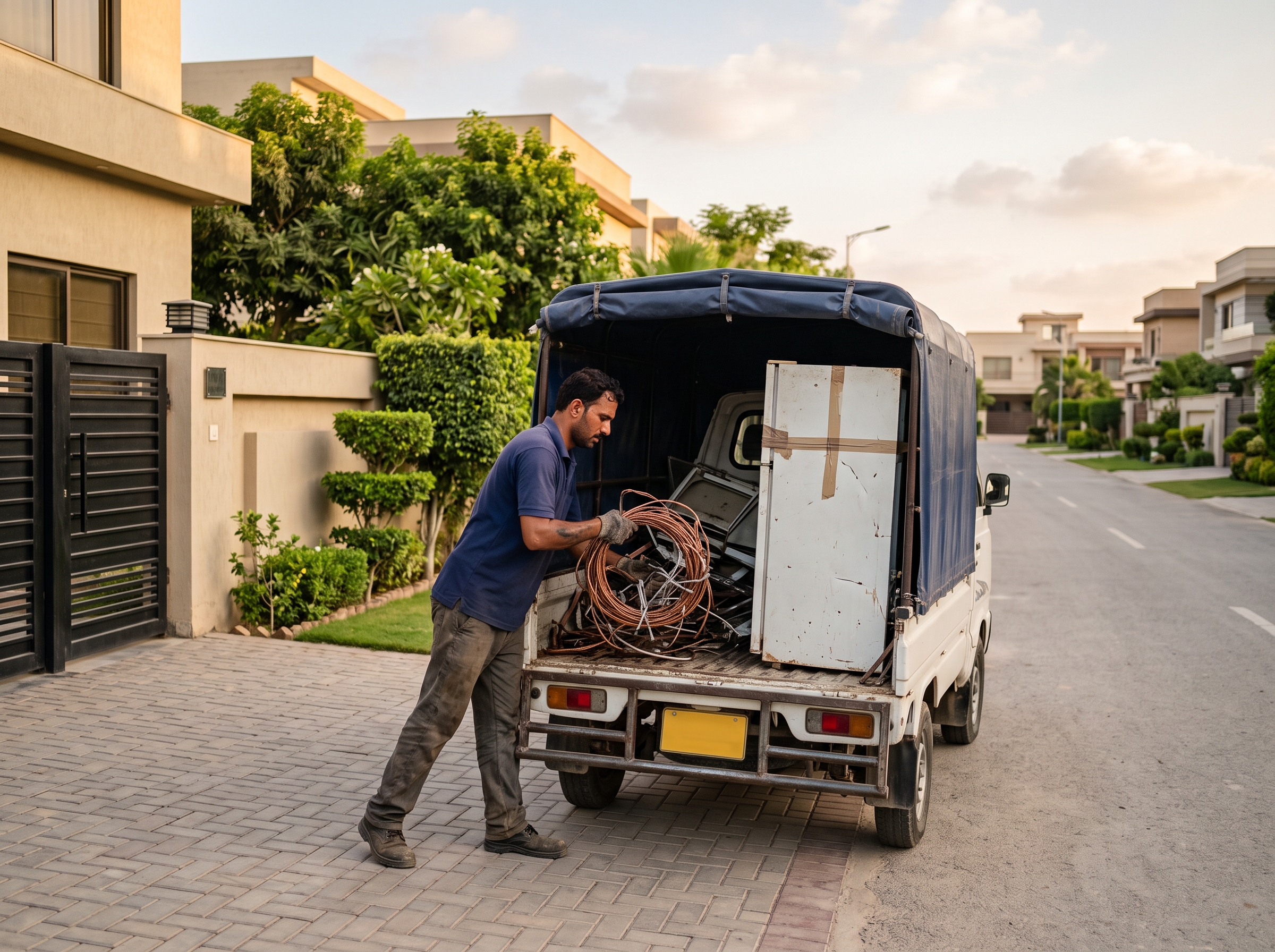 Worker loading copper wiring and an old refrigerator into a pickup truck outside a house