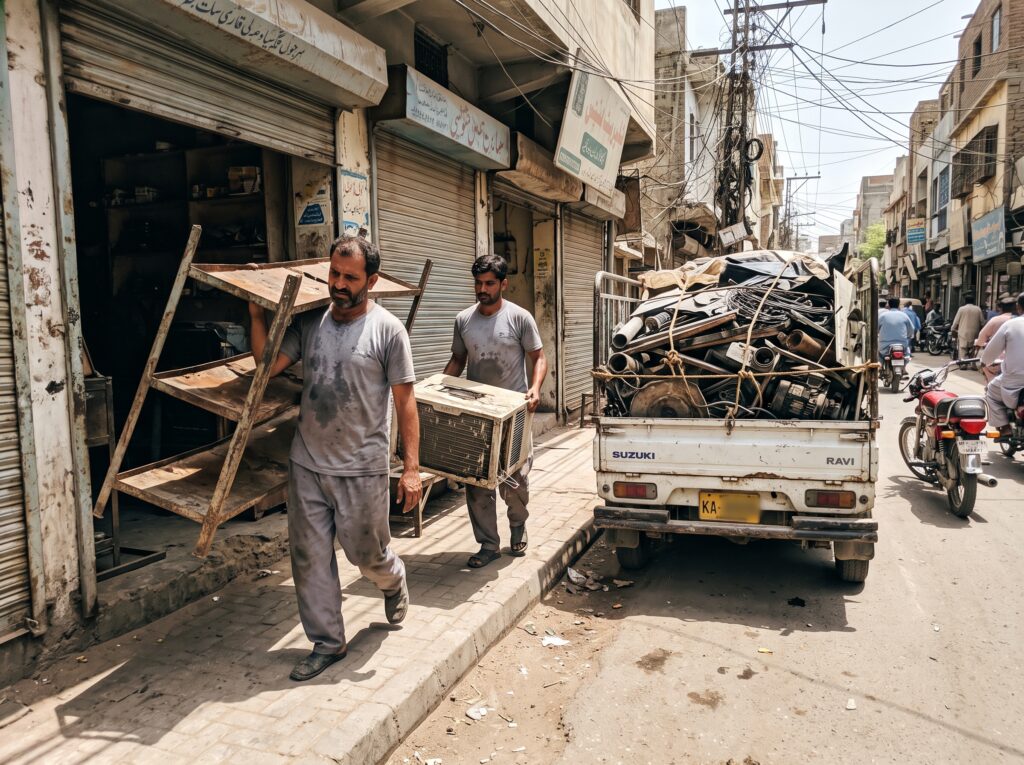 Workers carrying old shop racks to a scrap pickup on a market street