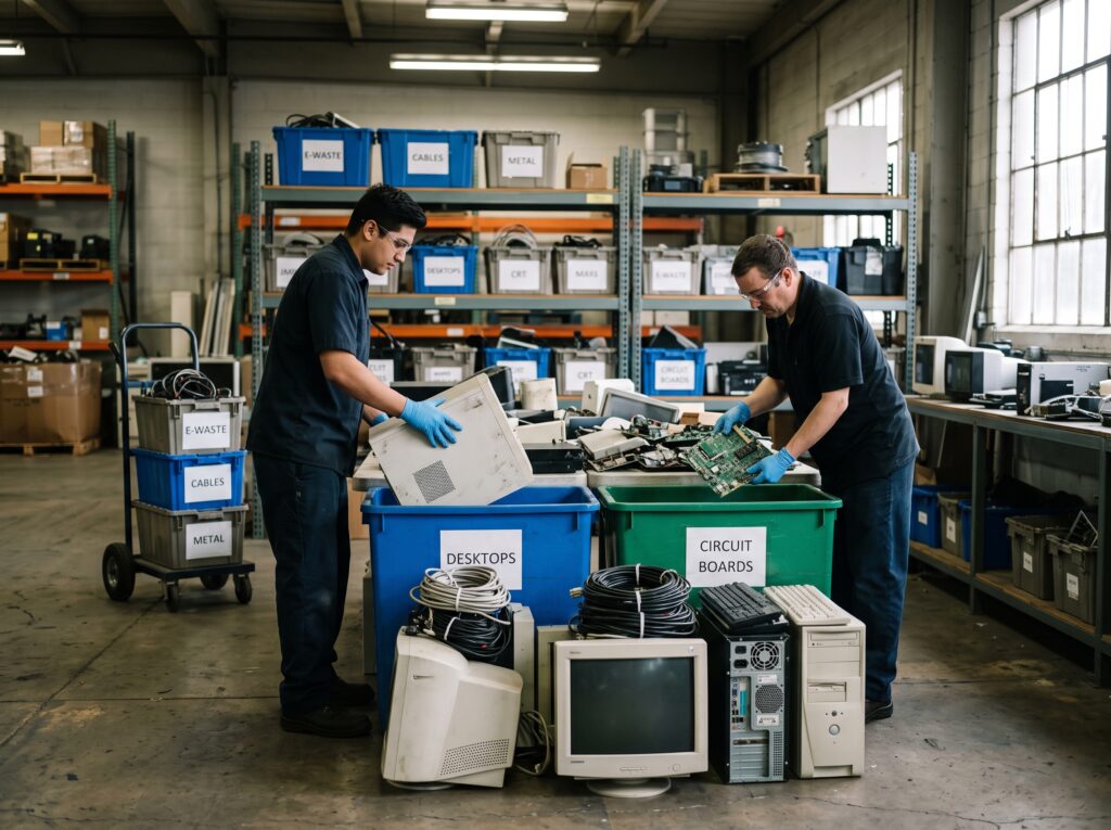 Workers sorting old computers, monitors and circuit boards