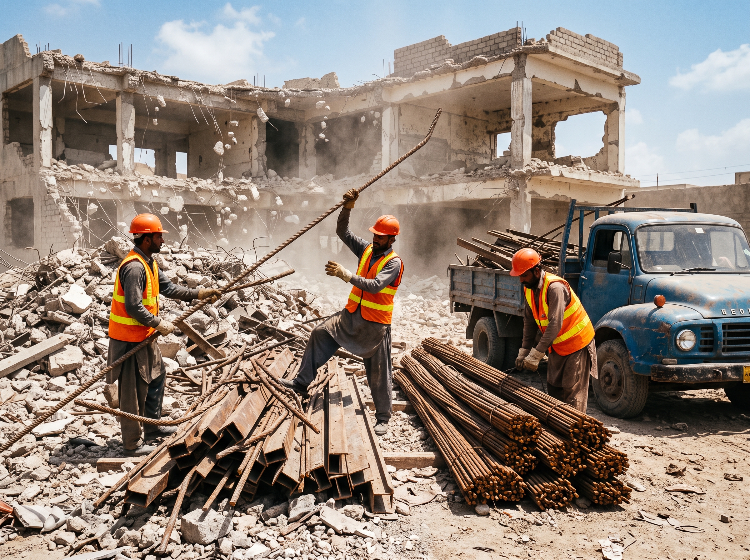 Workers recovering steel rebar from a demolition site